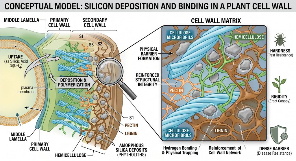 How silicon binds to cell walls of plants